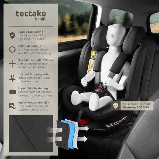 tectake® Draaibare Autostoel - Kinderstoel - i-Size goedkeuring - Isofix autostoel - Zitverhoger - Kinderzitje auto - Autostoeltje - 5-punts-gordel - Vanaf geboorte tot 150cm/36kg