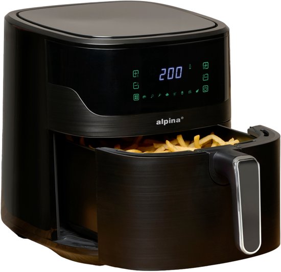 alpina Airfryer XL - Heteluchtfriteuse 6L - Air Fryer 2 tot 5 Personen - Heteluchtoven met Digitaal Touchscreen - Instelbare Temperatuur 80 tot 200 Graden - Timer Functie - 8 Kookprogramma's