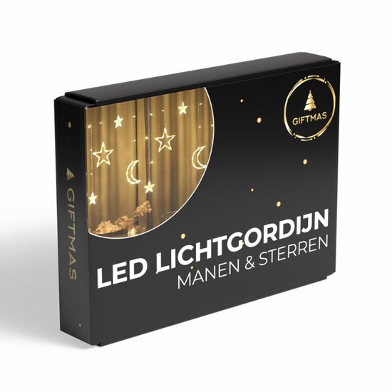 Giftmas Lichtgordijn – 120 LED Hangdecoratie – Warm Wit – Manen en Sterren – Kerst en Raamdecoratie – Voor Binnen en Buiten - Kerstversiering - 3.5M - Kerstverlichting
