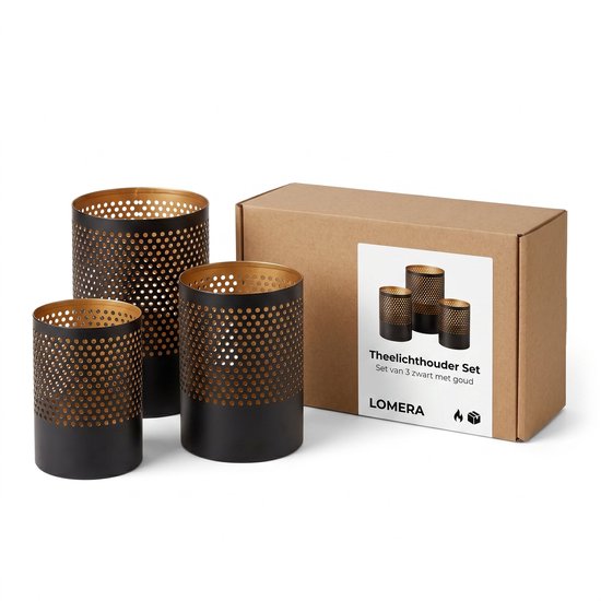Lomera Theelichthouder Set van 3 - Waxinelichthouder Zwart Met Goud - Metalen Windlicht - Kaarsenhouder voor Woonkamer - Sfeerlicht voor Tafeldecoratie - Geperforeerd Metaal voor Sfeervolle Kaarsen Decoratie