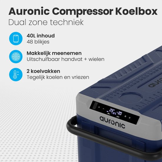 Auronic Compressor Koelbox Elektrisch 12V en 230 volt - Vriezen en Koelen - Coolbox - 40L - Frigobox - Blauw