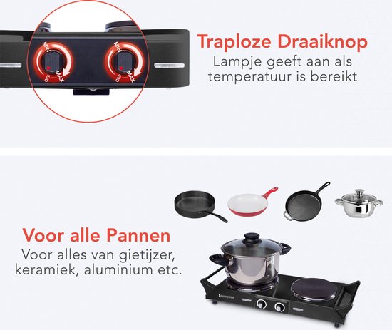 KitchenBrothers Elektrische Kookplaat - 2 Pits - 2500W - Zwart