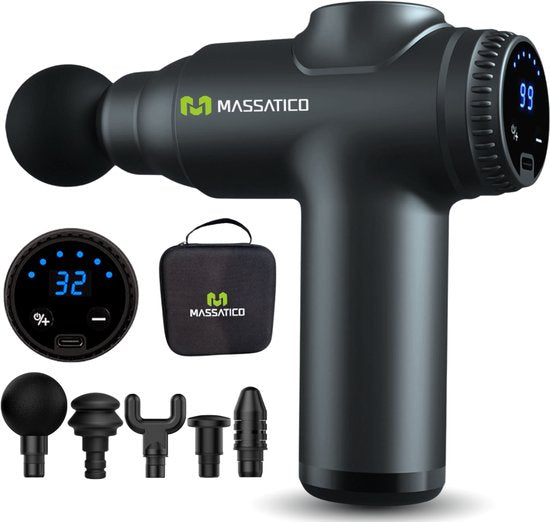 Massatico Massage Gun Compact - Professioneel en Krachtig Massage Apparaat - Massageapparaat Massagegun - Massage Pistool - Zwart - 5 Opzetstukken - 32 Standen - Met Koffer