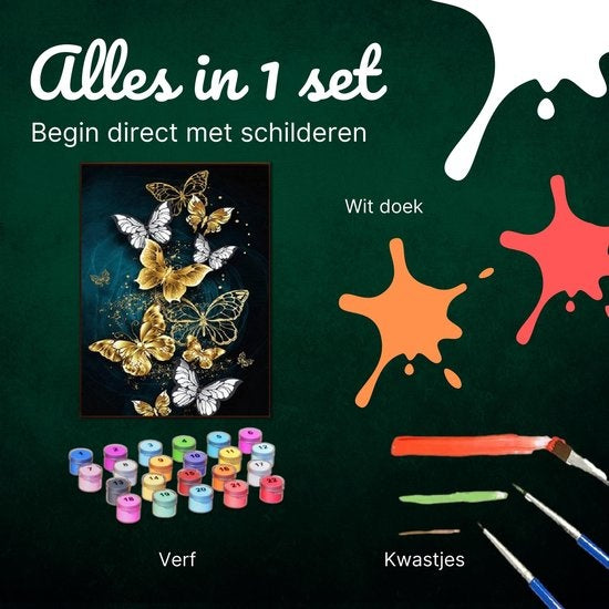 Rubye® Schilderen Op Nummer Volwassenen – Vlinders – Inclusief Penselen – Canvas Schildersdoek – Kleuren op Nummer – 40x50cm