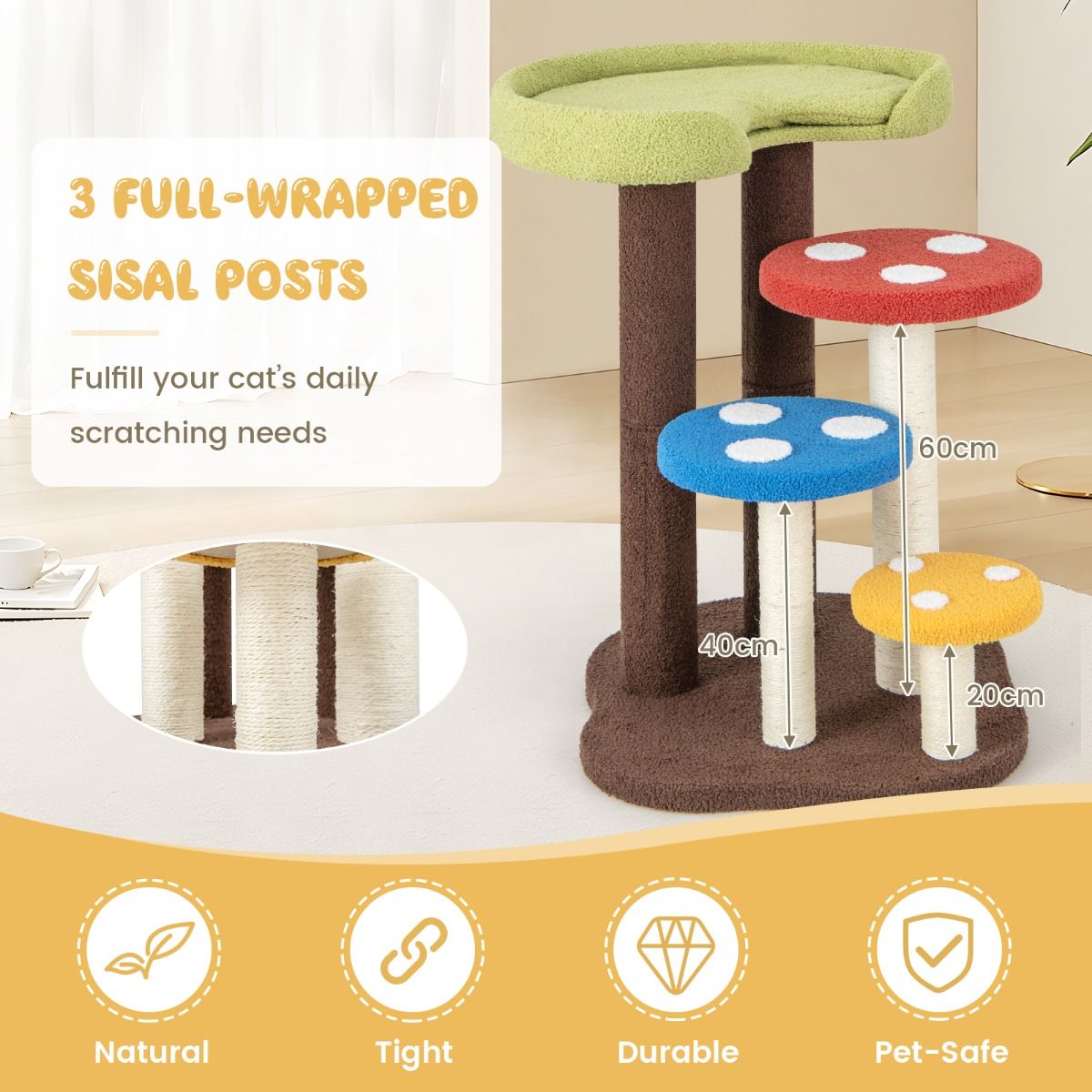 Coast Krabpaal Kattenboom - 5 verdiepingen - 3 sisalpalen - paddenstoeldesign - 60 x 65 x 94 cm