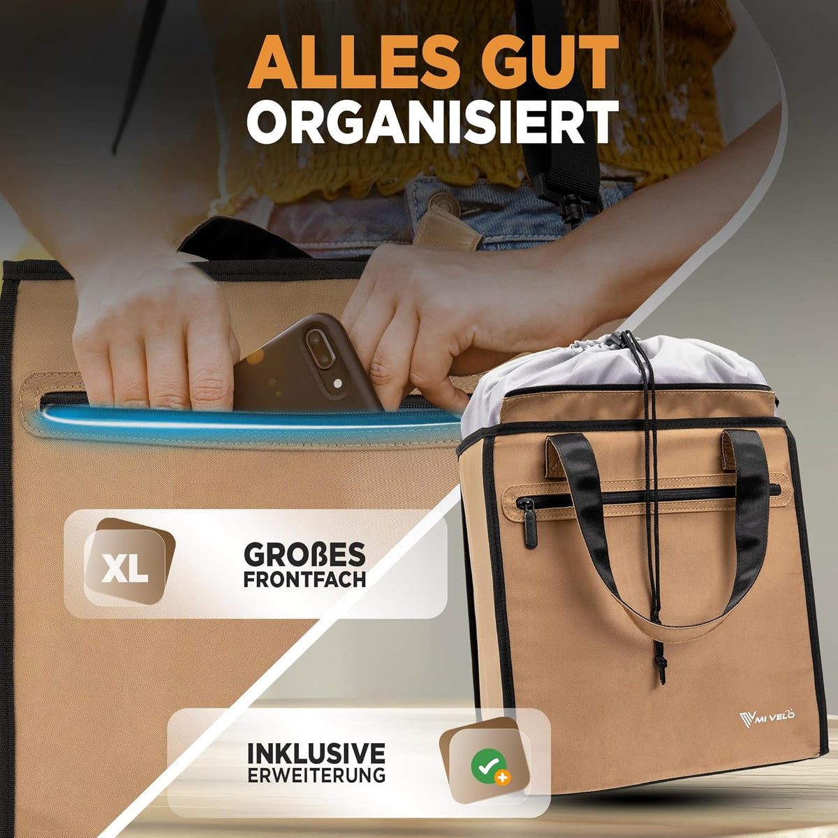 MIVELO - Fietstas Voor Boodschappen - 25 liter Inhoud & Afneembare Koeltas - Polyester - Beige