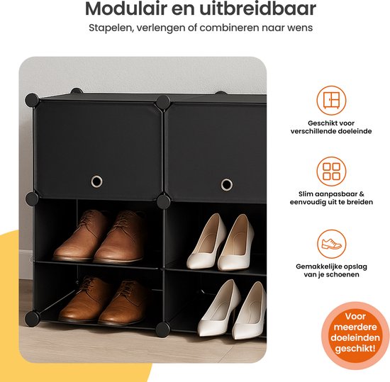 Goliving Opvouwbare Opbergkast - 24 Paar - 92 x 82 cm - Schoenenkast - Schoenenrek met Deuren - Schoenenbank - Zwart