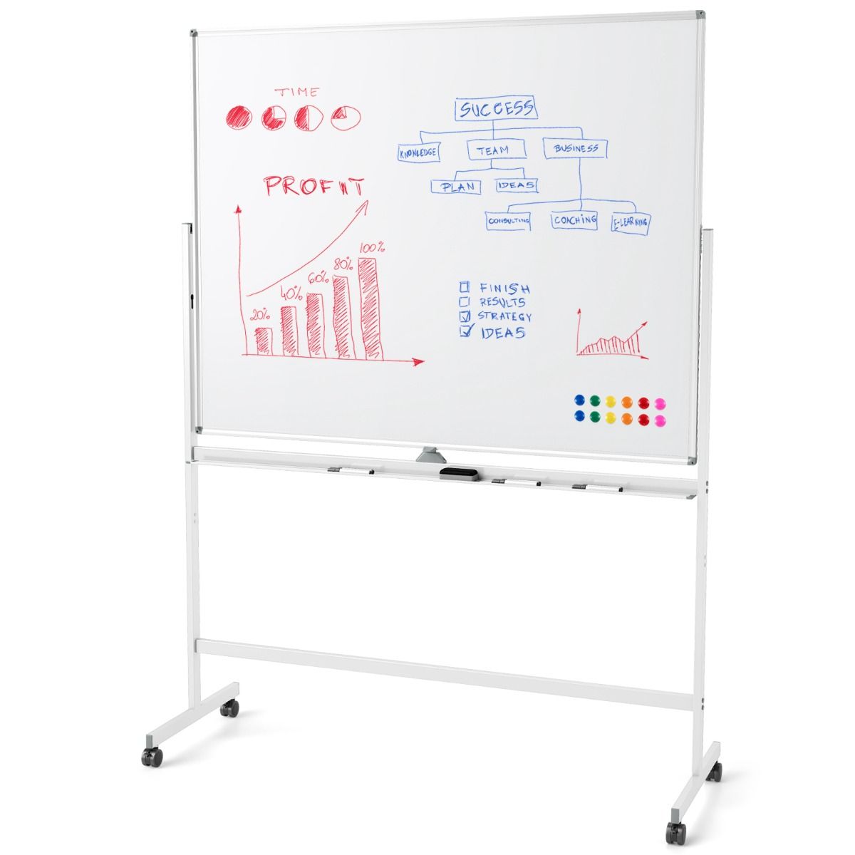Coast Mobiel Whiteboard - Dubbelzijdig magnetisch bord - Verstelbare hoogte - Met wieltjes - Wit 150 x 120 cm