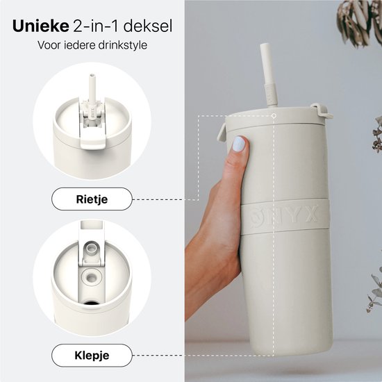 ONYX Drinkfles met Rietje 700ML - Waterfles voor Kinderen & Volwassenen - Thermosbeker RVS Travel Mug - Motiverende Drinkbus - Drinkbeker voor School - Coco White