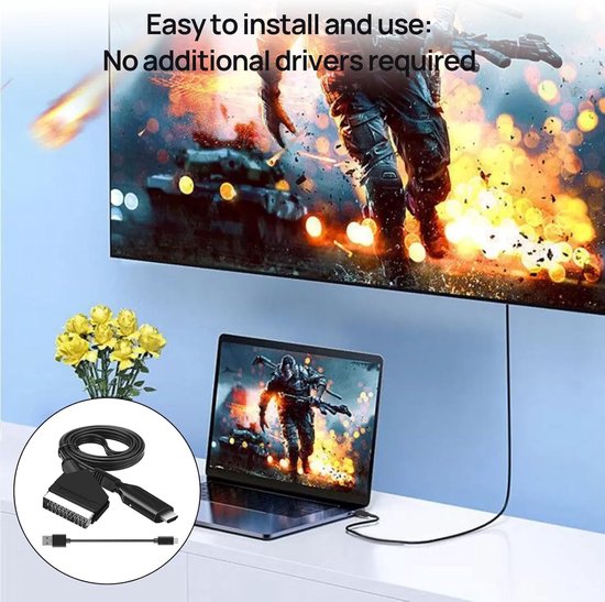 SCART naar HDMI Adapter - 1080p/720p alles-in-één Scart naar HDMI audio-videoadapter - Wordt geleverd met HDMI-kabel, Scart-ingangskabel en HDMI-uitgangspoort - Werkt met HDTV's, settopboxen, VHS-systemen, Xbox, PS3, Sky, DVD en Blu-ray