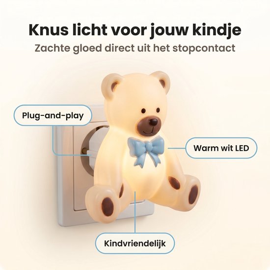 Cheqo® Nachtlampje Kinderen voor Kinderkamer en Babykamer - Baby Nachtlamp Beer Beertje - Stopcontact Lamp - LED Nachtlicht voor Slaapkamer - Stekkerlampje Dier Sfeerlampje - Warm Wit Stopcontactlampje voor Kind en Kindje