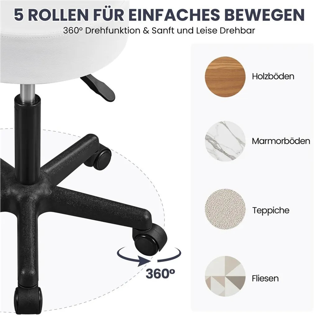 Yaheetech Rolkruk 50 × 50 × 46–61,5 cm – Wit – Verstelbare Draaikruk met Wielen en 150 kg Draagkracht