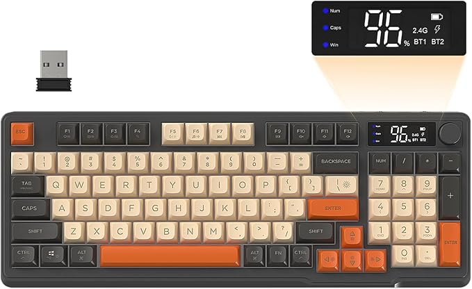 FREEWOLF M96 Draadloos Gaming Toetsenbord, Knop Bediening Bluetooth/2.4G Draadloos Mechanisch Gevoel Toetsenbord, RGB LED-Backlit met scherm, PBT Keycap, 3000mAh, US Layout voor Win/Mac-Flikkering