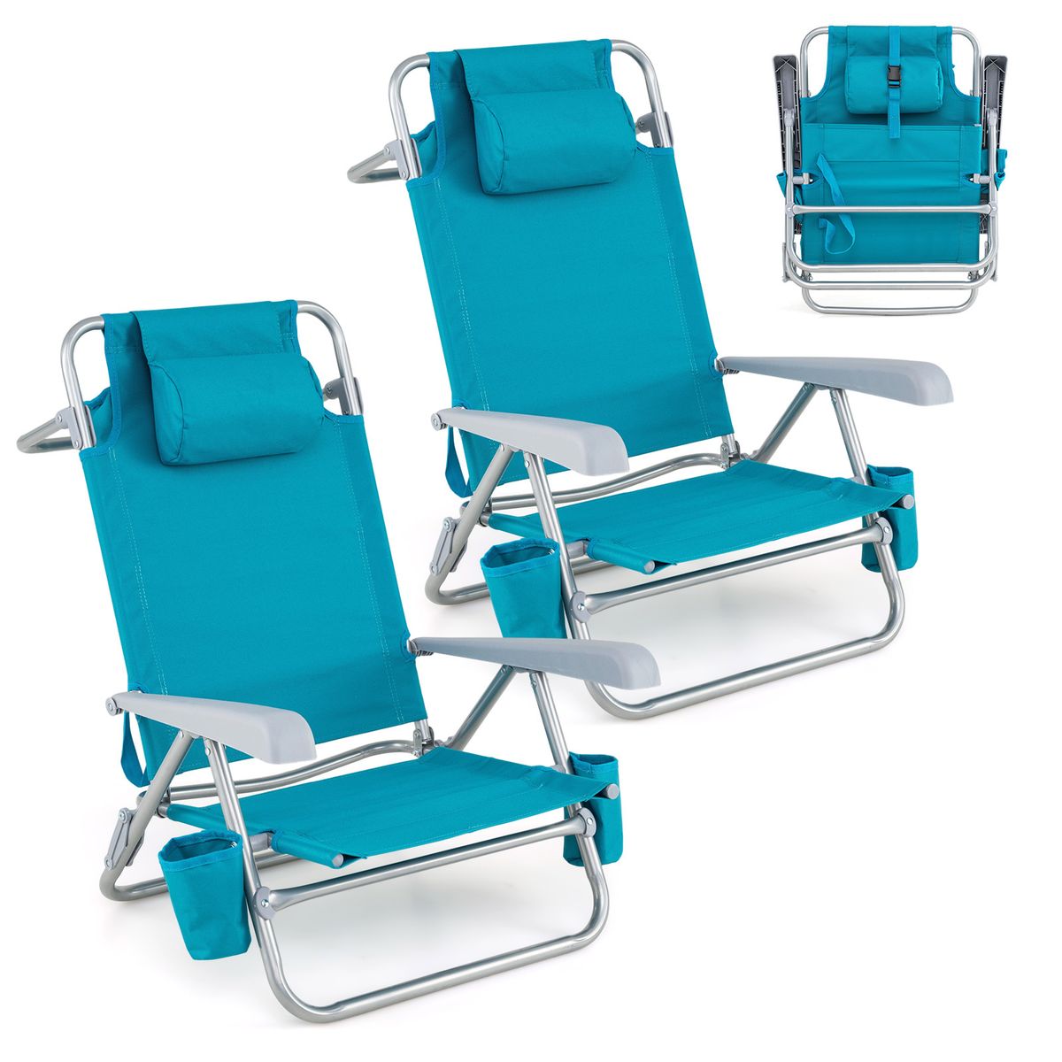 Coast Strandstoel 2-delige set - opvouwbaar met verstelbare rugleuning en hoofdsteun - turquoise