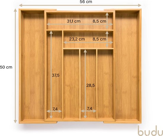 Budu Uitschuifbare Bamboe Bestekbak #50 (50 cm diep) - Bestekcassette Hout - Besteklade - 50 x 34,1 - 56 cm - 6/8 vakken