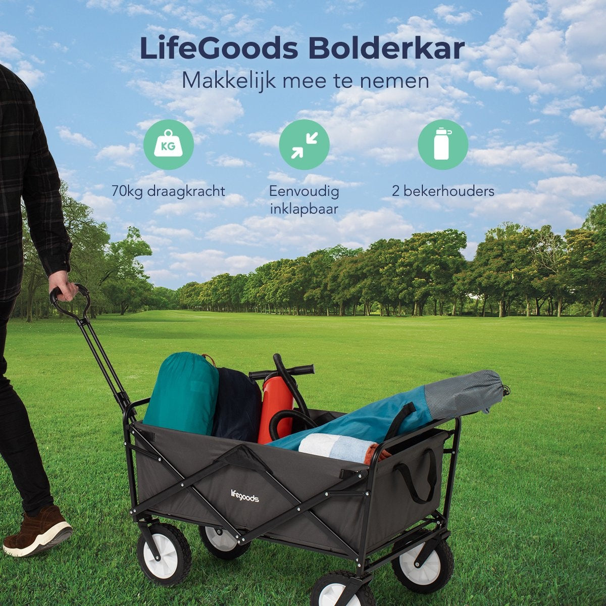 LifeGoods Bolderkar - Opvouwbaar - Draaibare wielen - 2 Standen - 70KG Draagkracht - Grijs