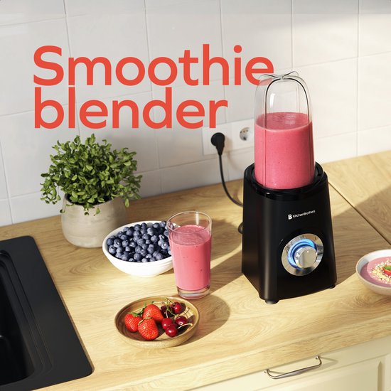 KitchenBrothers Smoothie Blender - 2-in-1 - Blender to Go - 4 Bekers - Smoothie Maker To Go - Mini Blender - Zwart