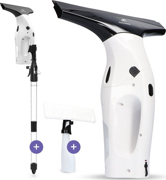 Motionflow Vacuüm Raamwisser met verlengstuk 61cm - Raamtrekker met Telescoopsteel - Elektrische ruitenreiniger met inwasser - Ramenwasser Oplaadbaar - Raamzuiger Wit / Zwart