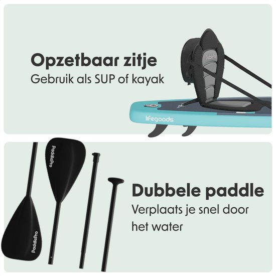 LifeGoods SUP Board Touring - 165 KG Draagkracht - 365 x 76 cm - Opblaasbaar - met Zitje - Compleet Sup pakket - Turquoise