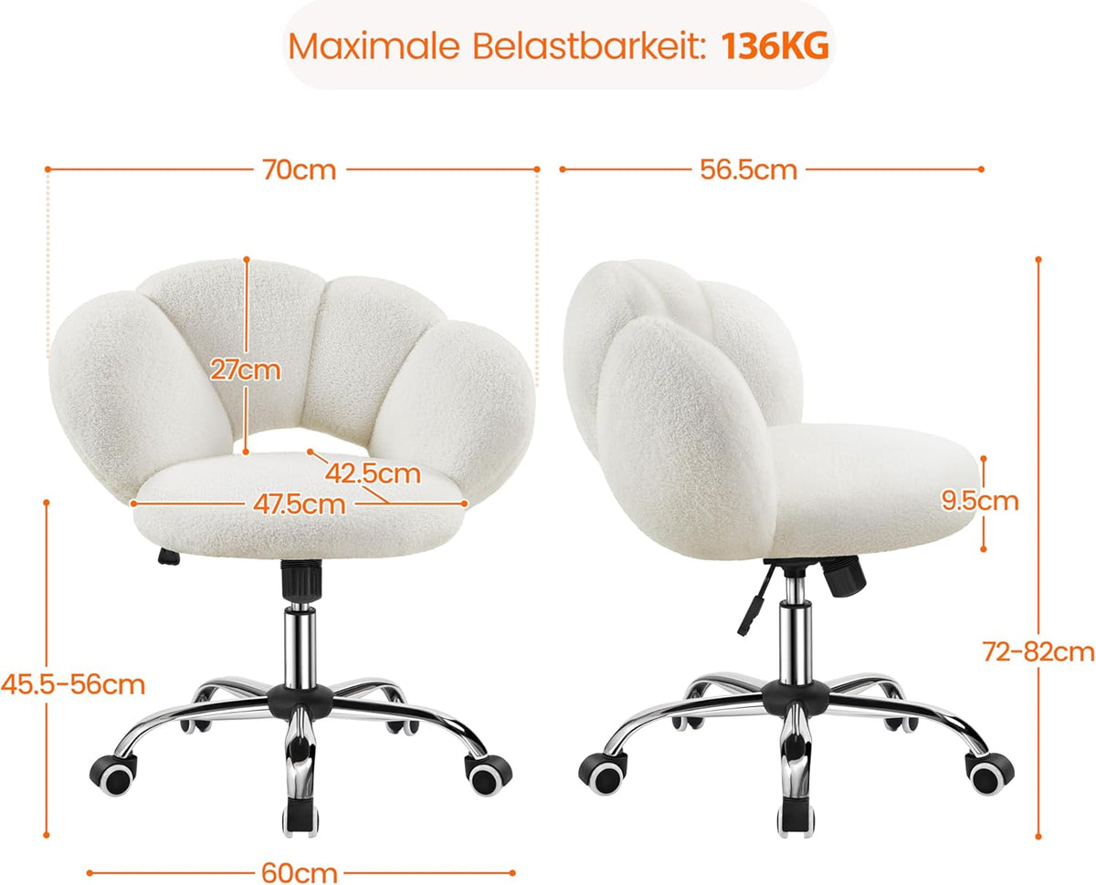 Yaheetech Verstelbare Bureaustoel - Wolkvormig - Tot 136 kg - 70 x 60 x 72-82 cm - Wit