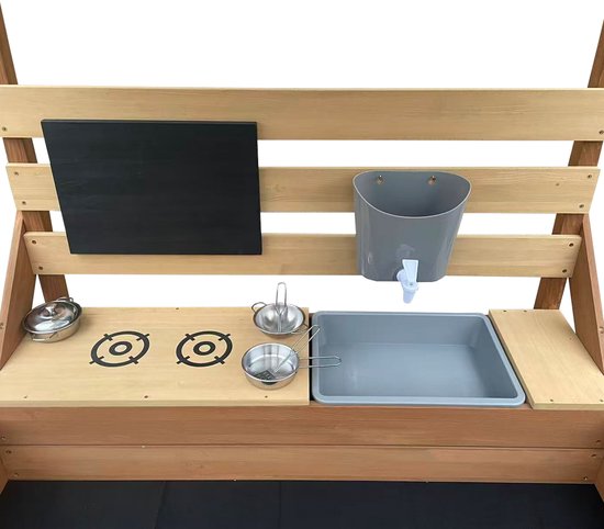 AXI Bo Zandbak & Speelhuisje 159 x 105 cm met Speelkeuken en Picknicktafel Bruin – FSC hout – Met Krijtbord en 6-delig Zandbak Accessoireset – Inclusief afdekzeil en gronddoek – 10 jaar garantie