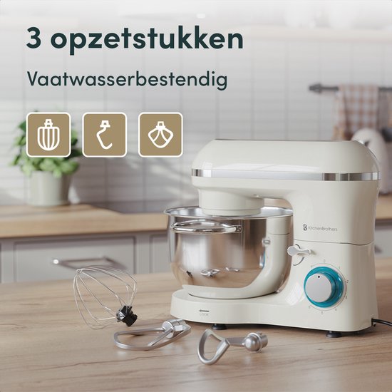 KitchenBrothers Keukenrobot - Keukenrobot - 6,2L - Mixer met Mengkom - Keukenmixer - 2000W - Champagne