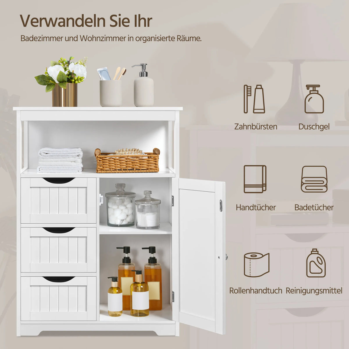 Yaheetech Badkamerkast Met 3 Lades – Voorzien Van Verstelbare Plank En Open Opbergvak En Metalen Beslag – Voor Badkamer Woonkamer En Slaapkamer – Wit Mdf En Metaal – 66 x 35 x 90 cm