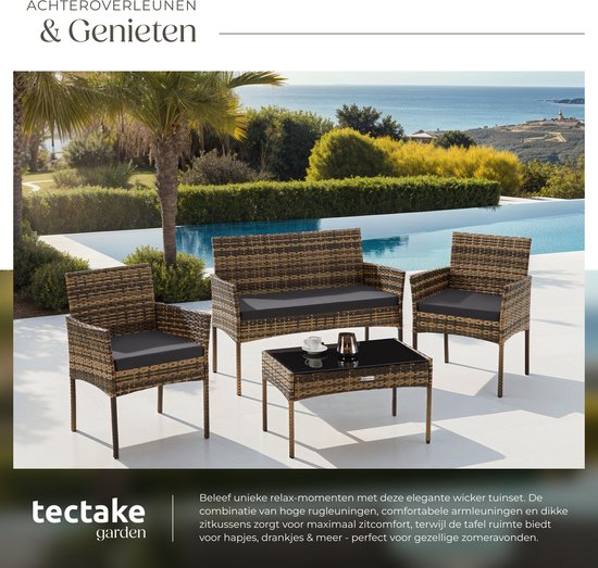 tectake® - Wicker tuinset Palese - Zitgroep voor 4 personen - Tuinmeubelset met loungebank, tuintafel en 2 tuinstoelen inclusief zitkussens - Tuinmeubelen - Waterafstotend - Grijs