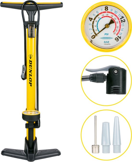 Dunlop Fietspomp met Drukmeter - Fiets Pomp voor Dunlop, Schrader en Frans Ventiel - Staande Pomp Incl. Adaptoren voor Waterspeelgoed en Ballen