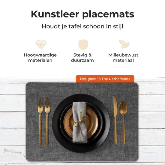 Castagnola Lederlook Placemats - Antislip Placemat van Kunstleer - Waterafstotende Onderlegger - Onderzetter - Placemats kunststof - 6 Stuks - 45 x 30 cm - Gemêleerd Zwart