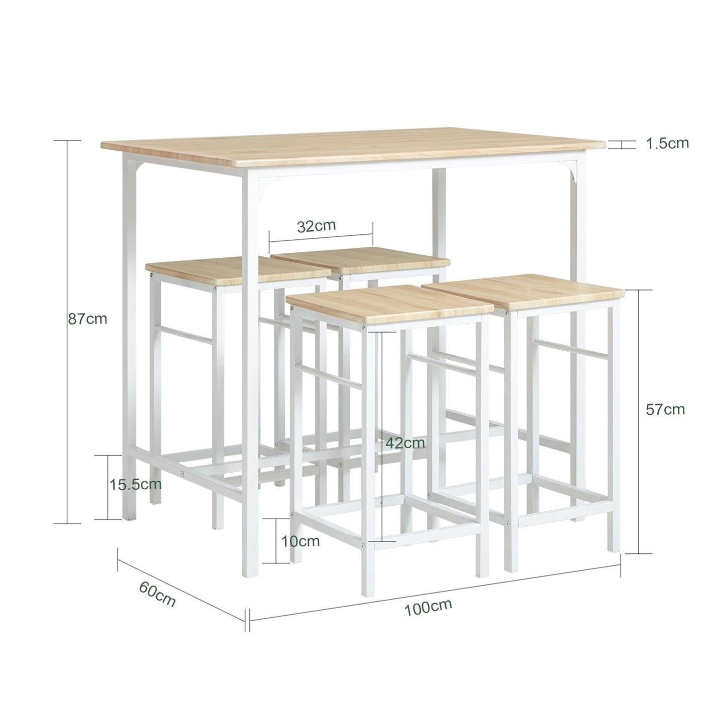 SoBuy Bartafel met 4 Krukken - Modern - max. 120 kg - Wit / Bruin