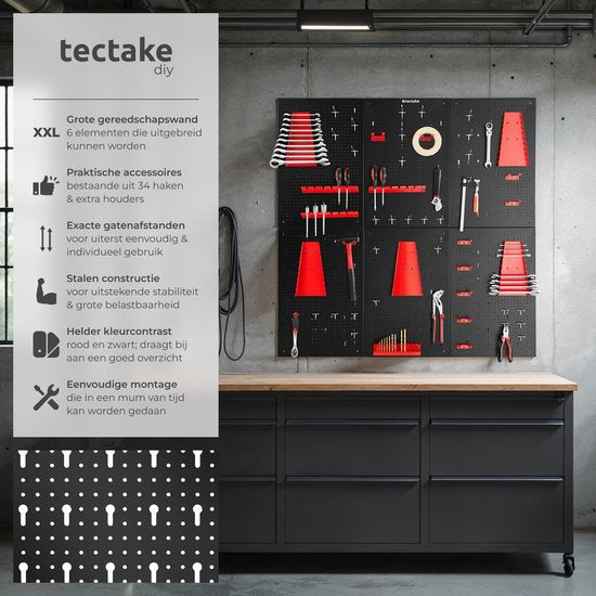 tectake® 6-delige Gereedschapswand van Metaal - 240 x 60 cm - Gepeforeerde Plaat - Gereedschapshouder set inclusief Haken - Wandrek systeem voor Werkbank, Garage, Gereedschap - Werkplaatsinrichting - Gereedschapsbord - Pegboard