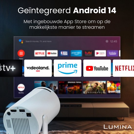 Lumina® Pro Mini Beamer 2026 – Android 14 Smart Projector met Google Playstore – Thuisbioscoop – Voor iOS & Android – WiFi 6 & Bluetooth 5.4 – Wit