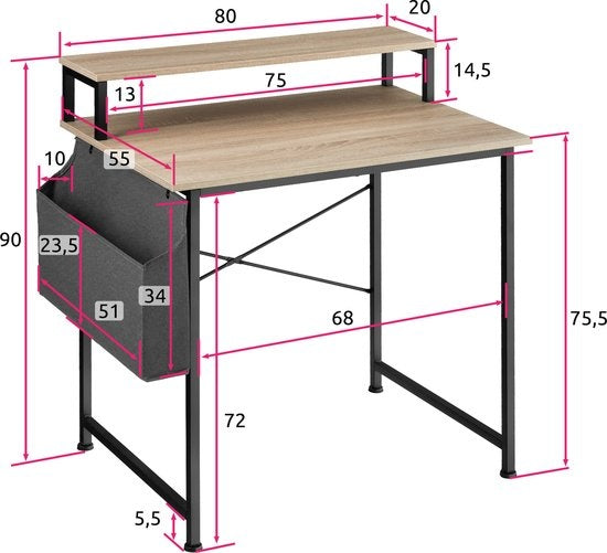 tectake® - Bureau Everett - 80 cm breed - computertafel - met plank en organizer - lichtbruin – 404663