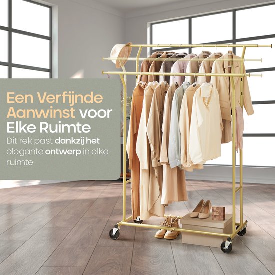 O'DADDY® Kledingrek op wieltjes - Garderoberek - Kledingstang - Verstelbaar en Uitschuifbaar - Industriële Wielen - Metaal - Stabiel tot 110 kg - Goud