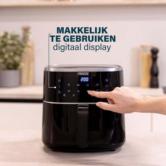Princess Digitale Airfryer 182238 - 4 liter - PFAS vrij - Groot - Heteluchtfriteuse - Zwart - Digital Touchscreen - 8 Automatische Programma's - Inclusief in hoogte verstelbaar Grillrack