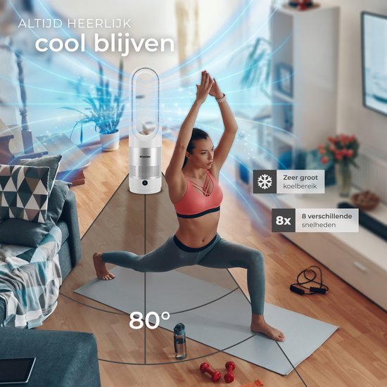 tectake® Torenventilator Polar - Kolomventilator inclusief Afstandsbediening - 8 Snelheidsstanden en Timer - 80° Draaifunctie - Stille Ventilator (35-55dB) - Staand met LED Bedieningspaneel - 55,5 cm Hoog - Luchtkoeler - Wit