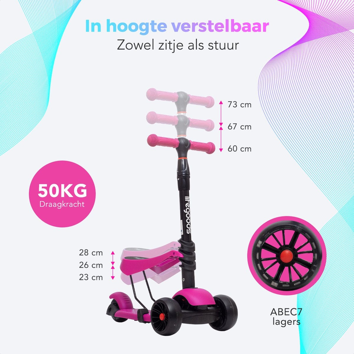 LifeGoods MultiRider Kinderstep - Step 3-8 Jaar - Verstelbaar Zitje - Lichtgevende Wielen - Jongens/Meisjes - Roze