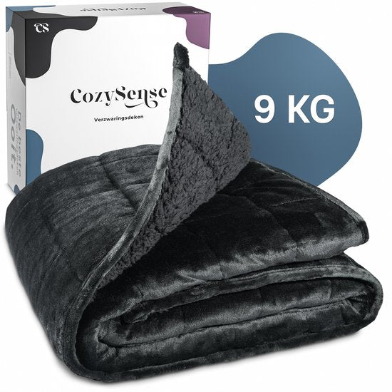 CozySense® Verzwaringsdeken 9 kg - Weighted Blanket - Zwaartedeken - GLASS-Flow® Drukverdeling - 135x200 - Flanelfluweel & Sherpa - Hypoallergeen - Zwart
