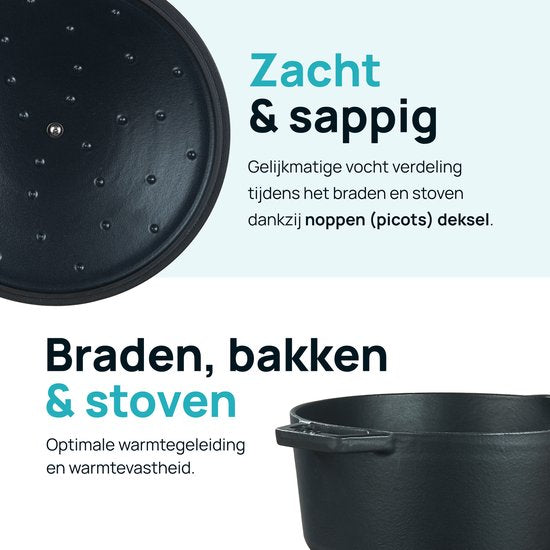 MOA Gietijzeren Braadpan - 5,7L - Voor Alle Warmtebronnen incl. Inductie - Met Deksel - Ø 26cm - Anti-Aanbaklaag - Zwart