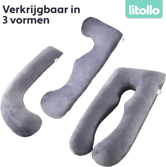 Litollo® Zwangerschapskussen XL - Voedingskussen - Lichaamskussen - Body pillow - 140cm - Afneembare hoes - Grijs - Fleece