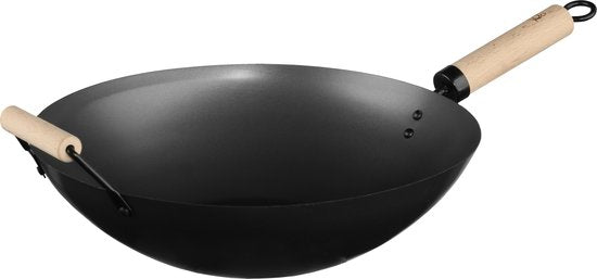 5Five Wok/hapjes/bak pan - Professional - met anti aanbak laag - metaal/hout - D35 x H16 cm - keuken pannen - alle hittebronnen geen inductie