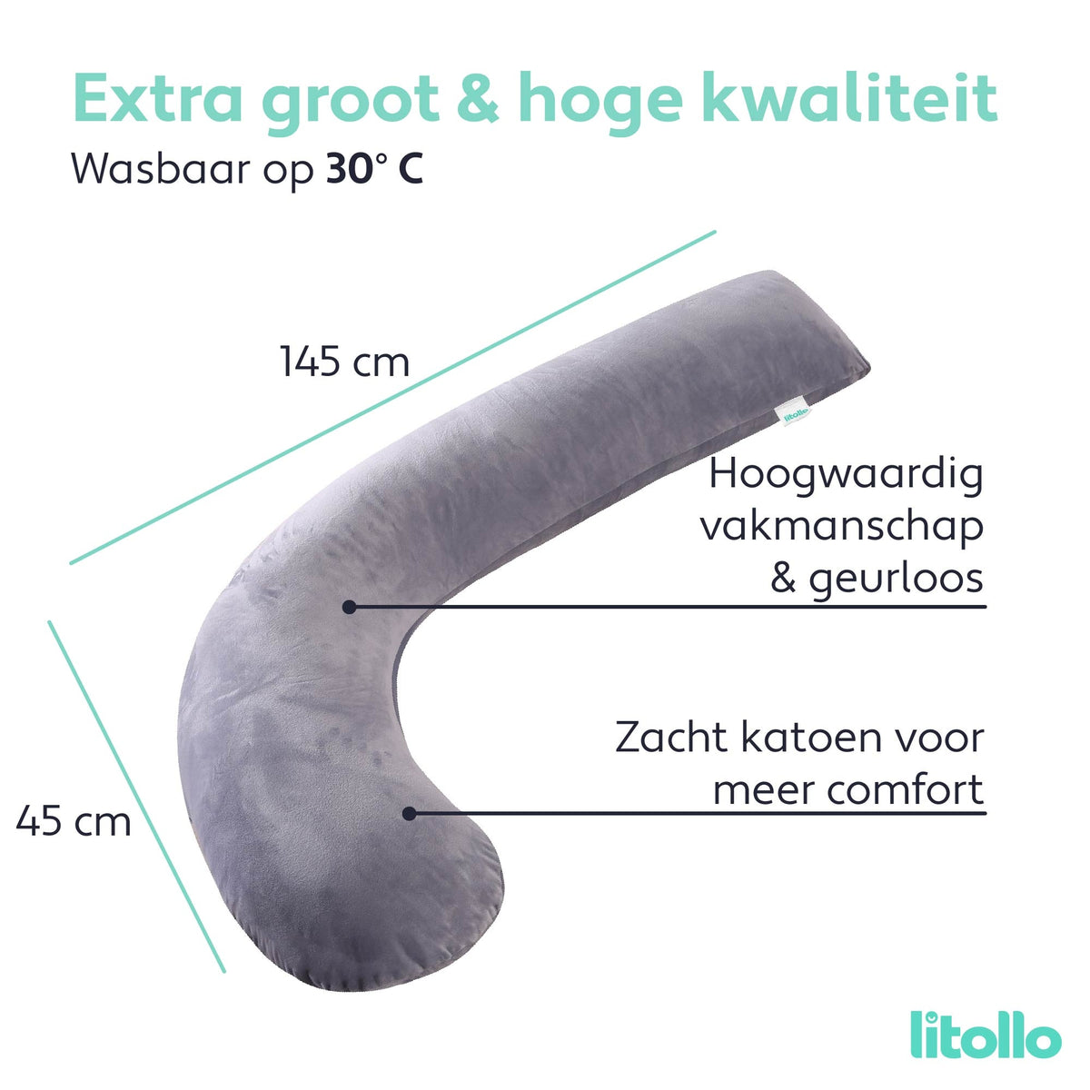 Litollo® Zwangerschapskussen (J-vorm) - Zijslaapkussen - Voedingskussen - Lichaamskussen - Body pillow - 145cm - Zachte fleece stof - Afneembare hoes - Grijs