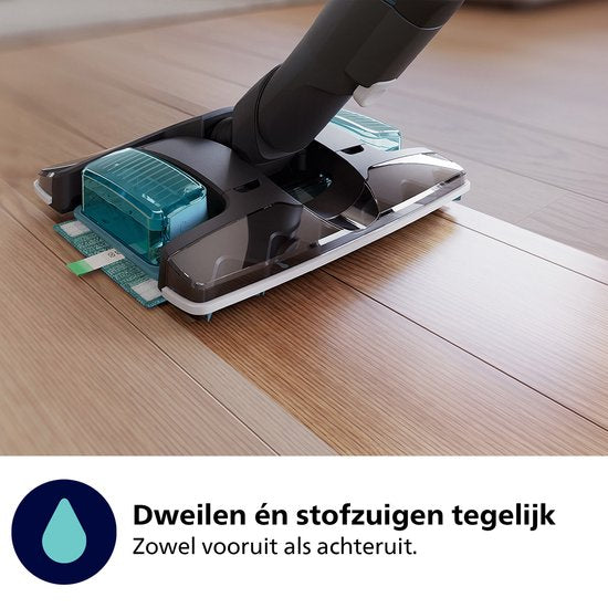 Philips Steelstofzuiger met Dweilfunctie XC8055/01 Aqua Plus - Draadloos en Zonder Zak - Zuigmond met LED Verlichting - Kruimeldief - Batterijduur tot 80 min - Lichtgewicht - Blauw