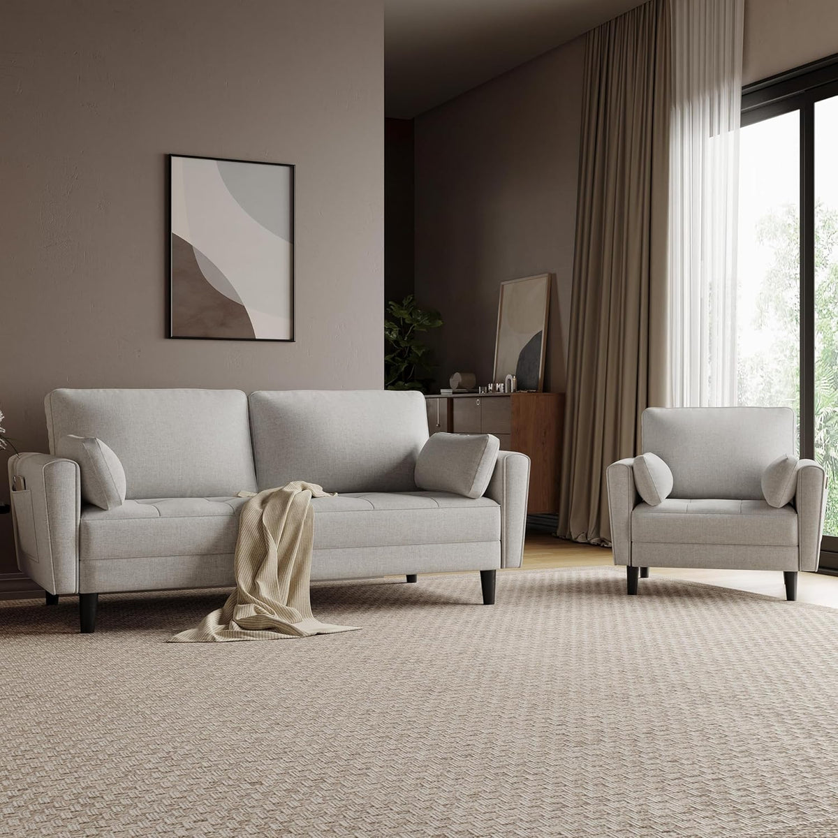 Yaheetech Loveseat Linnen Bank - Grijsbeige - 102,5 x 75 x 85,5 cm - Met 2 Kussens en Zijzakken