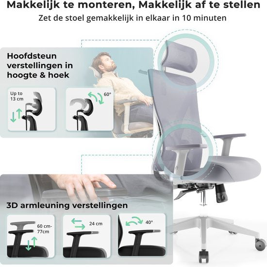 Backerz – Ergonomische Bureaustoel – 44-56 cm Zithoogte & EN1335 Gecertificeerd – Voorzien Van 3D Armleuningen En Verstelbare Lendensteun – Voor Kantoor En Gaming – Wit/Grijs Polypropeen En Mesh