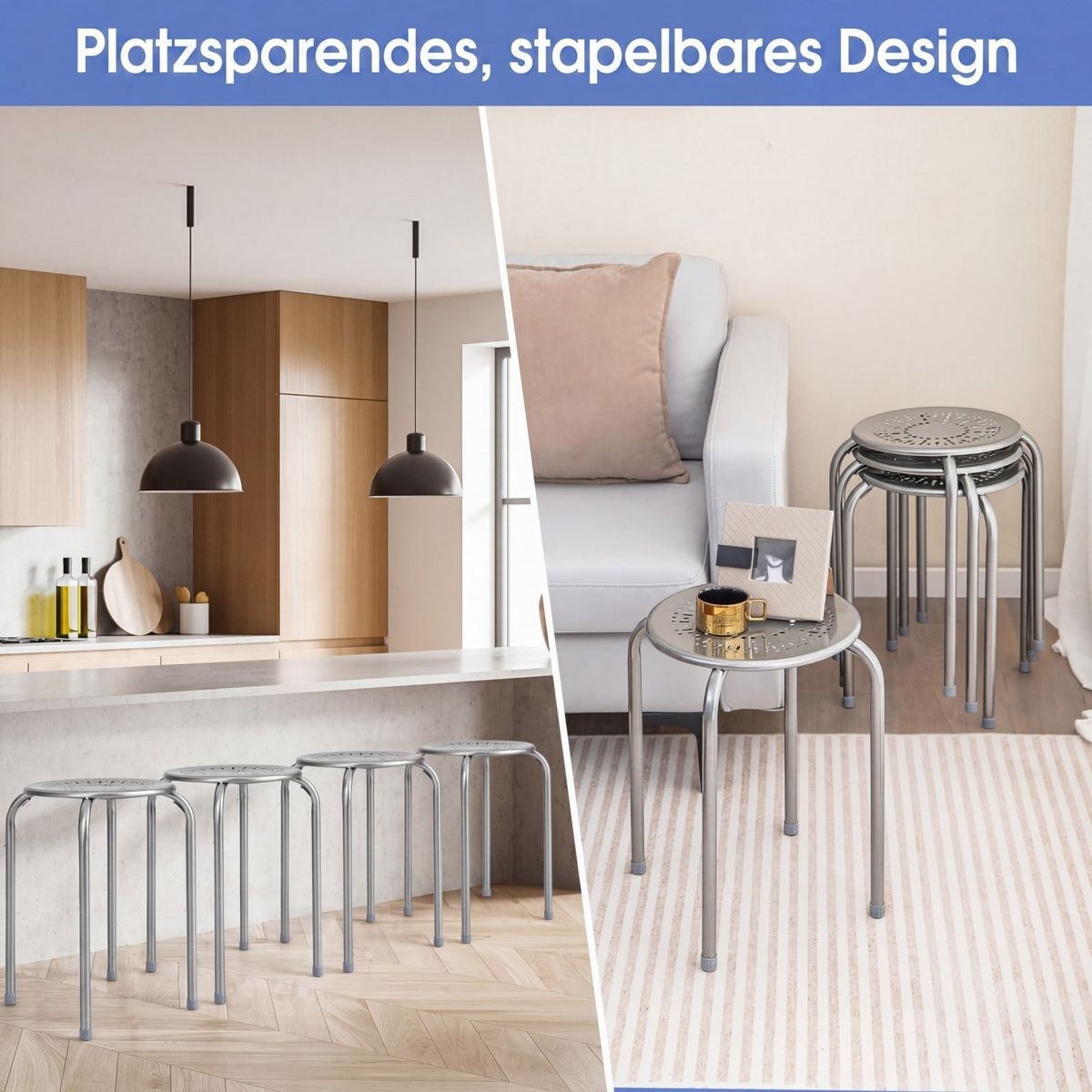 Coast 6-delige set stapelbare metalen krukken - versterkt frame - direct klaar voor gebruik - grijs