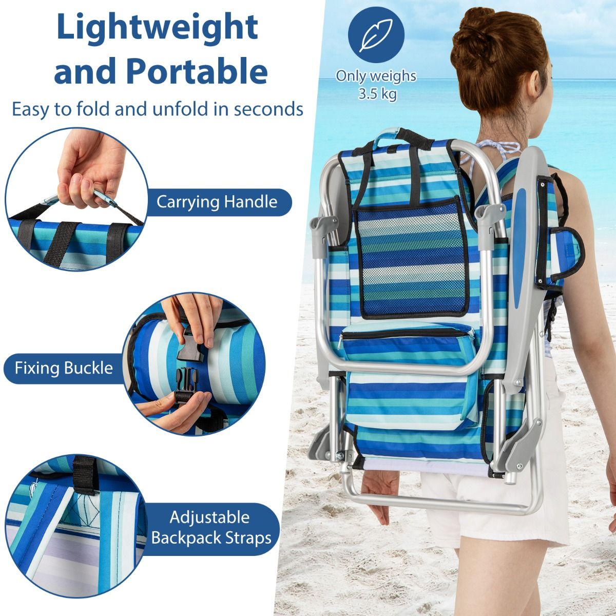 Coast Opvouwbare Strandstoel Set - Verstelbare Rugleuning - Inclusief Koelbox - Blauw
