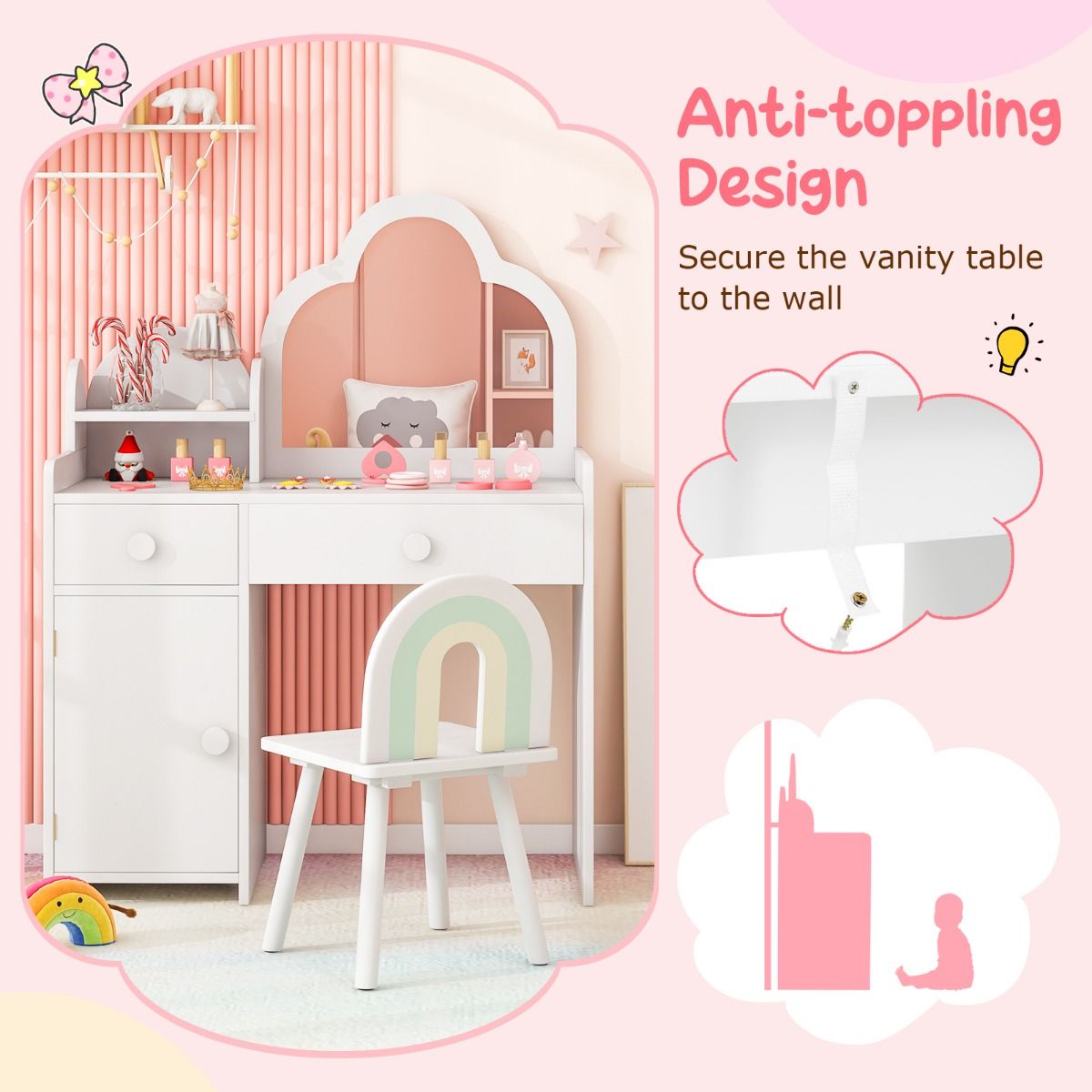 Coast Kinderkaptafelset - wolkvormige spiegel - 2-in-1 kaptafel met kruk - wit