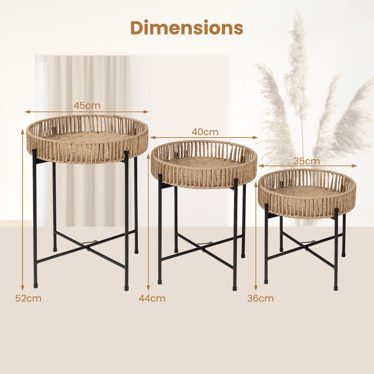 Coast Bijzettafelset rond - handgevlochten boho vlechtwerk - metalen poten - naturel - set van 3